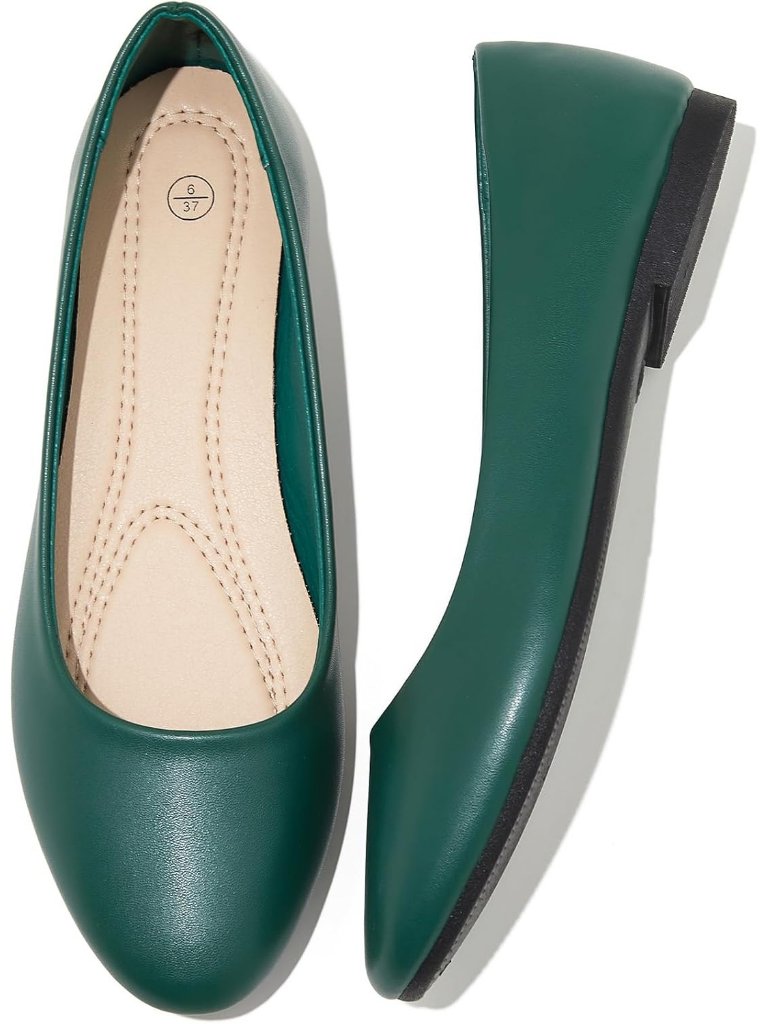 Women's Dark Green Pu Leather Comfortable Ballet Flats Slip On Round Toe Shoes